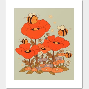 Cute bumblebees with poppy flowers vintage Cottagecore Aesthetic Posters and Art